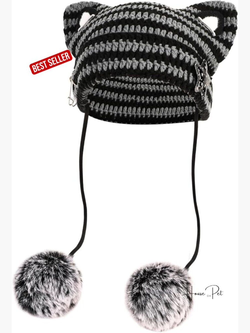 Cat Ear Beanie Knitted Hat with Pom Poms Kawaii Skull Cap